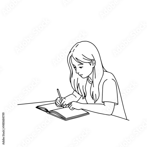 Girl writing in notebook with concentration during study session

