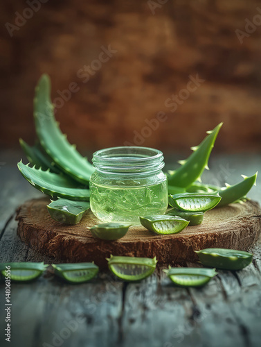 Fresh slices aloe vera leaves covered water drops isolated on plain light background. View from above. Still life concept clear glass jar filled with aloe vera gel surrounded leaves and small pieces