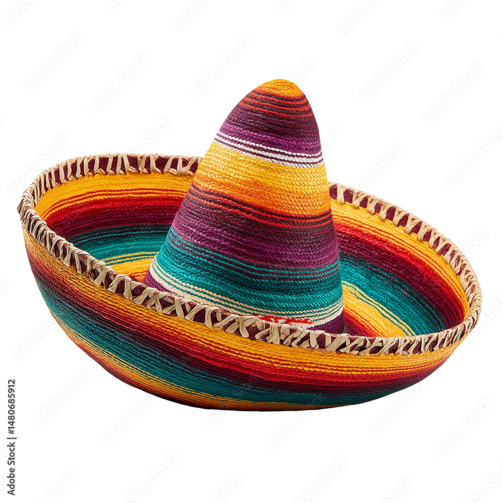 Traditional Mexican sombrero with colorful stripes isolated on white