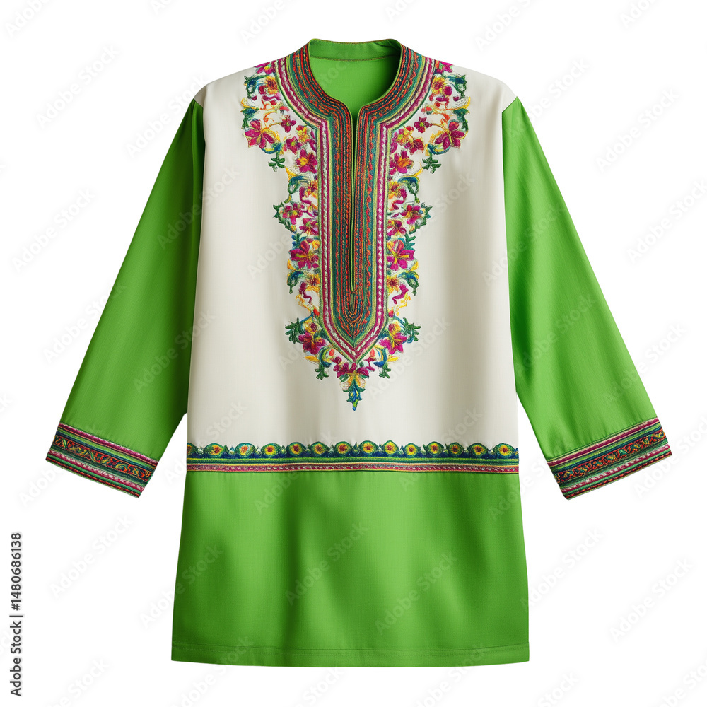 Traditional Pakistani kurta with floral embroidery isolated on white