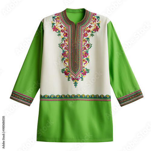 Obraz na płótnie Traditional Pakistani kurta with floral embroidery isolated on white w salonie