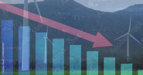 Wind turbines spinning on grassy plain showing translucent data bars and declining pink arrow