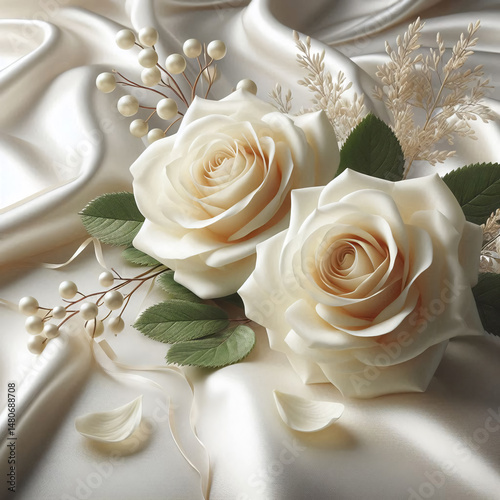 Elegant white roses on silk fabric. White background. Holidays, decoration, design. soft warm light that creates a sophisticated atmosphere.