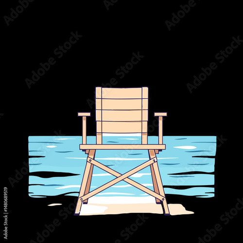 Beach Chair on Shore: A simplistic graphic of an inviting beach chair sits serenely on a sandy shore, with gentle waves lapping at the coastline, evocative of leisure and relaxation.
