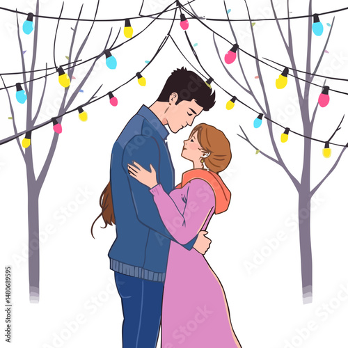 Love under the Lights: A romantic couple, entwined in an embrace, stand beneath a canopy of twinkling fairy lights.  Their love story shines bright, mirroring the warmth of the lights.