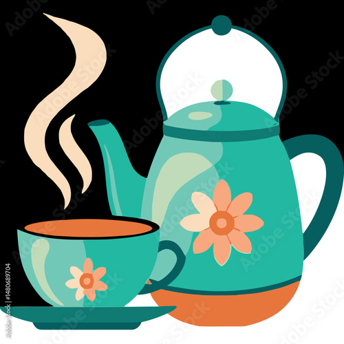 Floral Teatime Serenity: A charming still life illustration featuring a vibrant turquoise teapot, a matching teacup, and a delicate saucer, steam gracefully rising from a fresh cup of tea.