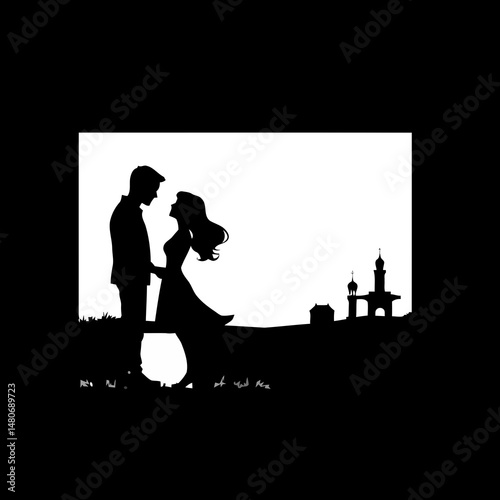 Eternal Embrace Silhouette: A tender silhouette of a loving couple sharing an intimate moment, their figures framed against a backdrop of a scenic town, evoking feelings of romance and connection.