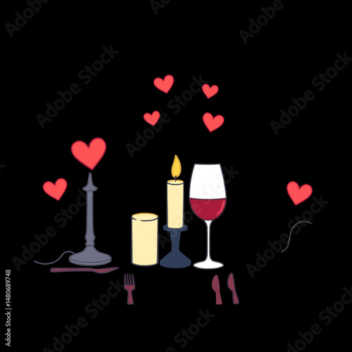 Romantic Evening Setup: A heartwarming illustration captures the essence of romance with candlelight and a glass of wine, complete with delicate hearts floating in the air, ideal for expressing love.