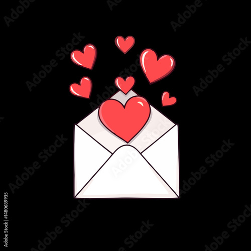 Love Letter: An open envelope, the source of heart and love, spilling from a symbol of affection and tender emotions. A simple illustration full of feeling and affection.