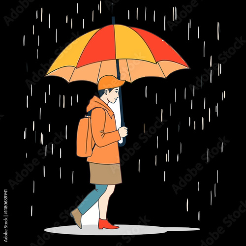 Rainy Day Walk: A young person with backpack walks calmly under an umbrella in the rain.