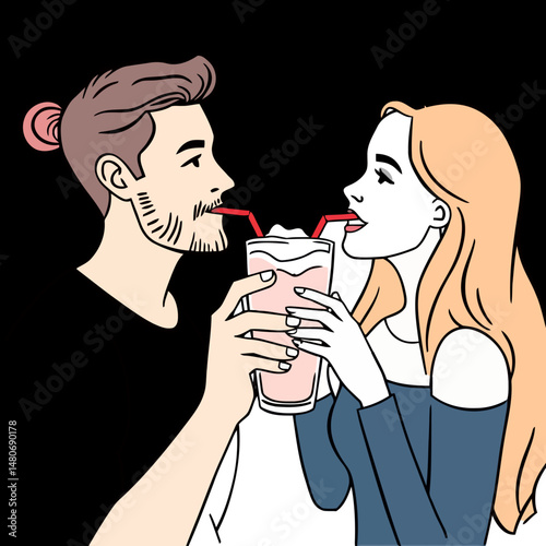 Shared Sweetness: A couple shares a milkshake, embracing the simple joy of a shared moment. Their intimate connection transcends ordinary, painted with shades of tenderness and camaraderie.