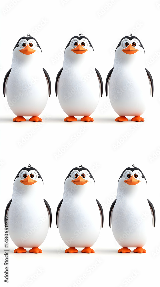 Fototapeta premium Six Cute Cartoon Penguins in Various Expressions on White Background