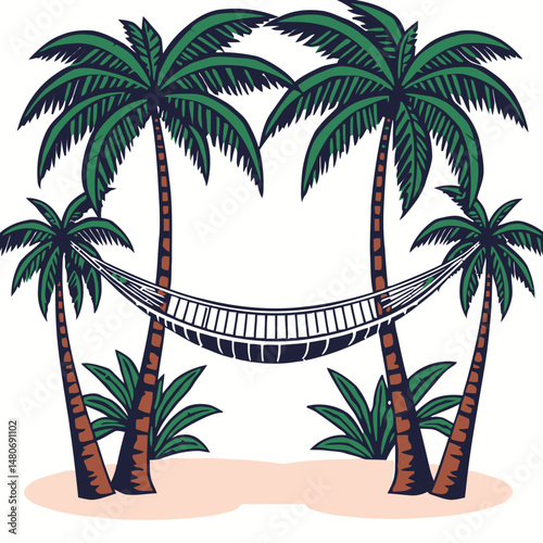 Paradise Found: A serene oasis awaits, where a hammock gently sways between palm trees, inviting relaxation and escape in a tranquil tropical haven.