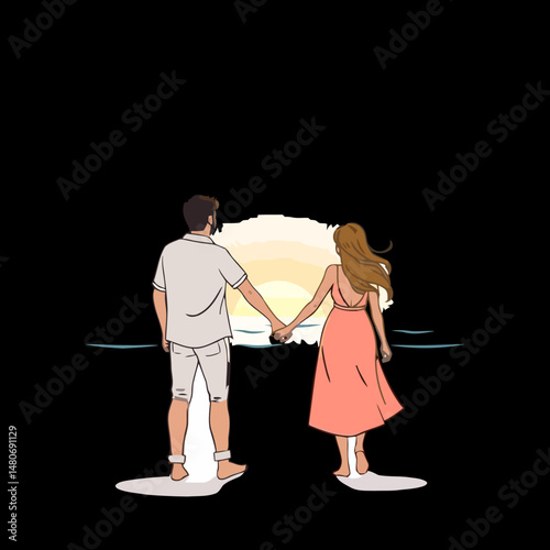 Couple Watching Sunset: A romantic illustration of a couple holding hands, gazing at a vibrant sunset over the ocean.