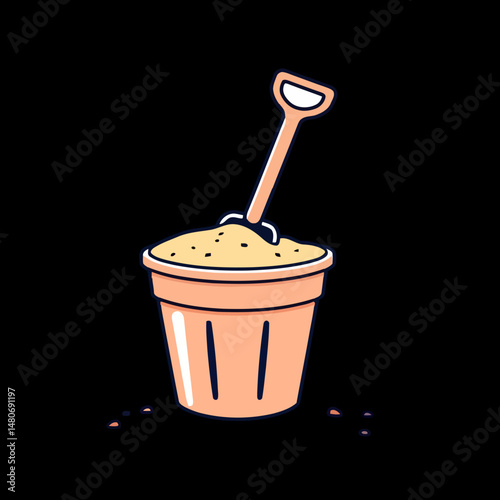 Beach Bucket and Shovel: A whimsical illustration of a child's sand bucket brimming with golden sand, with a playful shovel nestled within, capturing the essence of beach fun and summer joy.