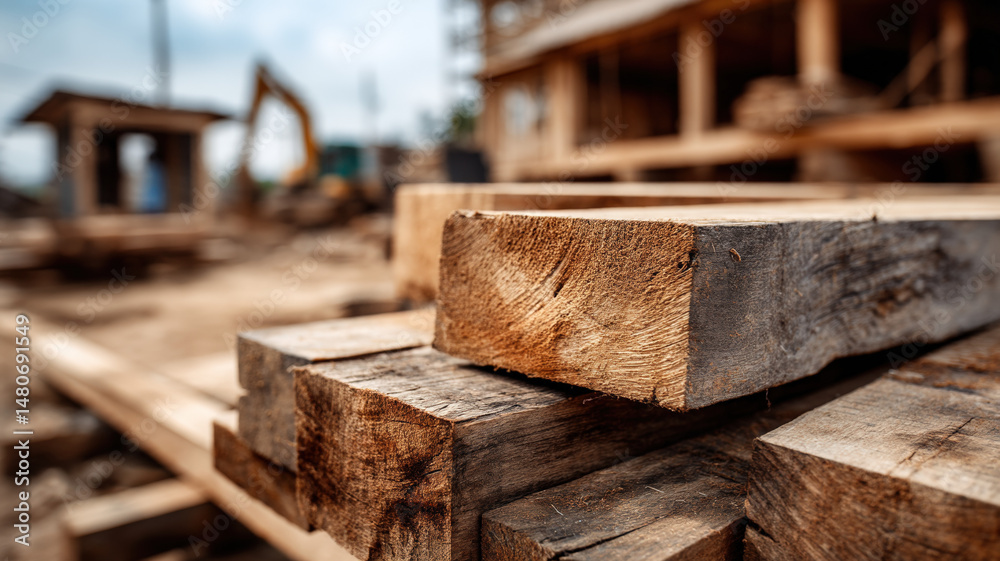 Stack of Rough Sawn Timber Planks at Woodworking Workshop or Sawmill on Sunny Day Outdoors