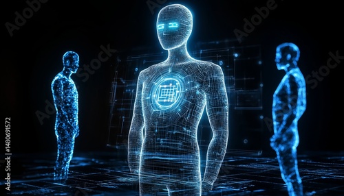 AI agent hologram symbolizing agentic autonomy for collaboration with the human workforce using autonomous agents to work in business partnership