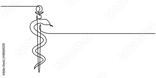 Medical symbol caduceus. Continuous One line drawing, Medical symbol caduceus. Continuous one line art drawing of Vector illustration, Healthcare Facilities Continuous Line Editable Stroke Line.