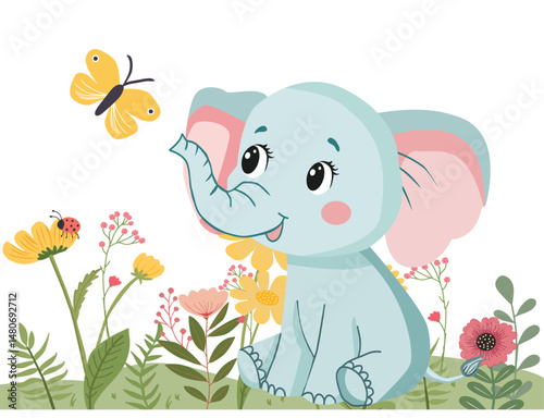  baby elephant in the meadow looks at the butterfly
