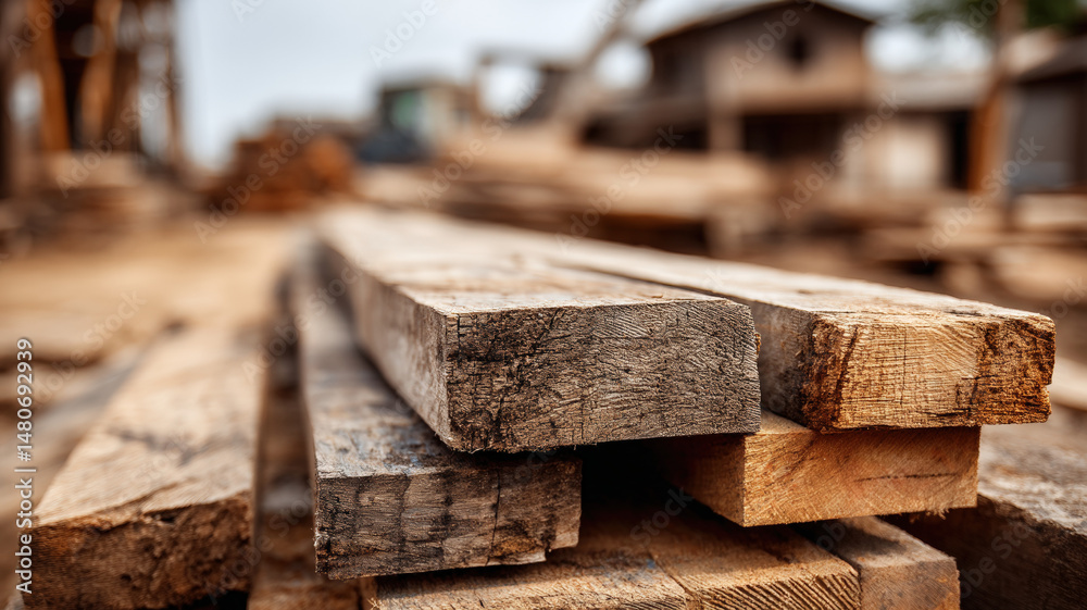 Stack of Rough Sawn Timber Planks at Woodworking Workshop or Sawmill on Sunny Day Outdoors