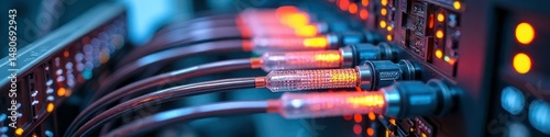 Network cables connected to server with glowing led indicators in data center rack