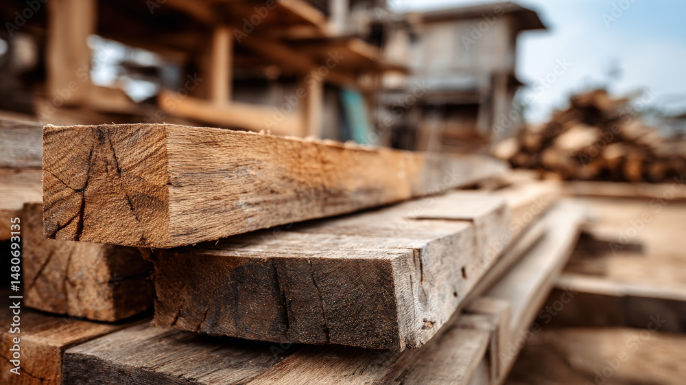 Stack of Rough Sawn Timber Planks at Woodworking Workshop or Sawmill on Sunny Day Outdoors