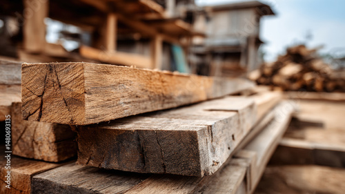 Obraz na płótnie Stack of Rough Sawn Timber Planks at Woodworking Workshop or Sawmill on Sunny Day Outdoors w salonie
