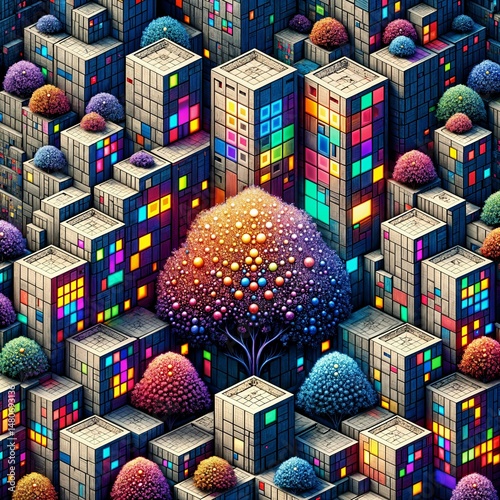 A cityscape is interspersed with multicolored trees and buildings adorned with geometric patterns. The scene blends nature and urban elements, creating a surreal and futuristic scene. (Gen, A.I.)