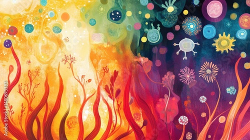 Artistic depiction of soil microorganisms enhancing gut health, vibrant and glowing aesthetic