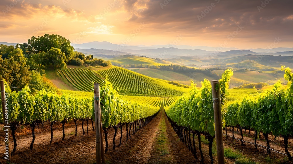 Naklejka premium Scenic vineyard landscape at golden hour.