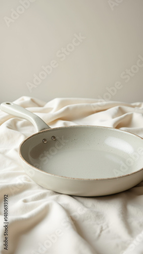 Vintage cast iron skillet on rumpled linen.