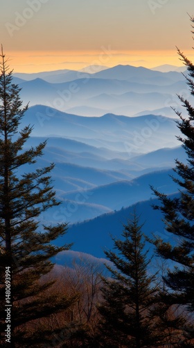 Blue Ridge Mountains at Sunrise Framed by Evergreen Trees Scenic Vista Landscape Photography