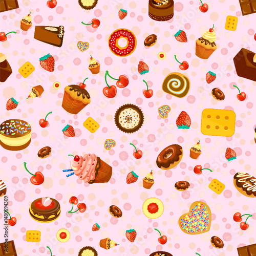 seamless pattern colorful food cake dessert