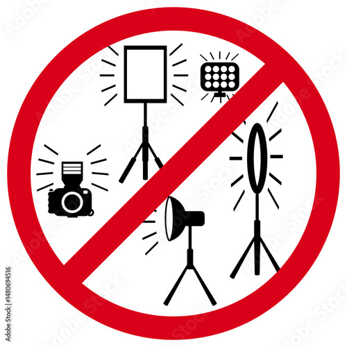 Flash and Studio Lights Not Permitted. Ban on Photography Lighting Equipment. Red Circle: No Photography Lights.