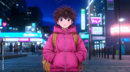 Pixel Art Boy in Pink Hoodie at Night in City Street