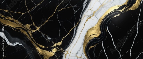 Luxurious black marble is dramatically veined with rivers of brilliant gold and contrasting white cracks, creating a stunning abstract.