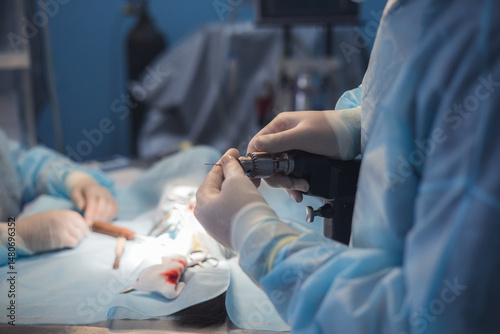 Close-up of a veterinarian's hands using a surgical drill during surgery on a pet at a veterinary clinic, demonstrating precision and care in animal health care. Veterinary orthopedic surgery.