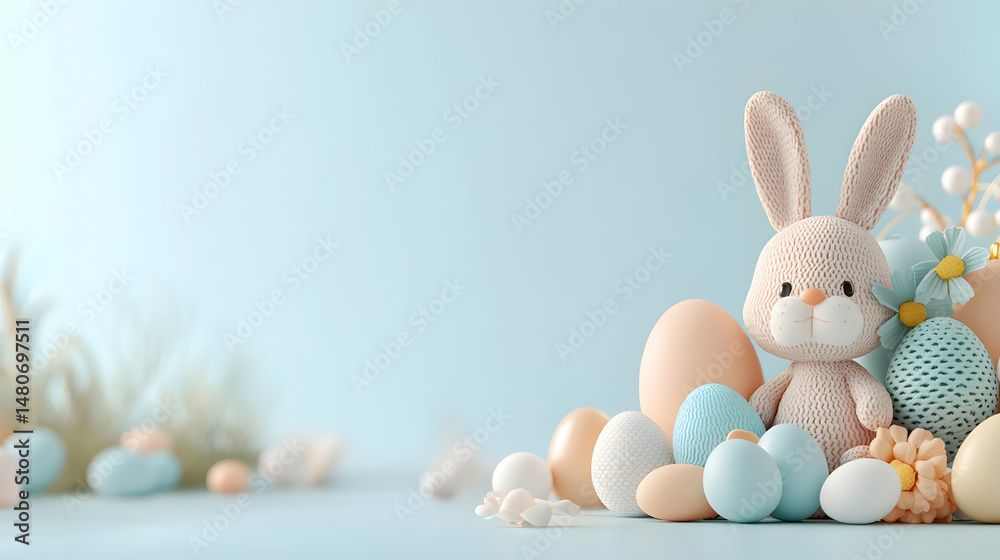 Fototapeta premium Adorable Knitted Easter Bunny with Pastel Eggs on Light Blue Background