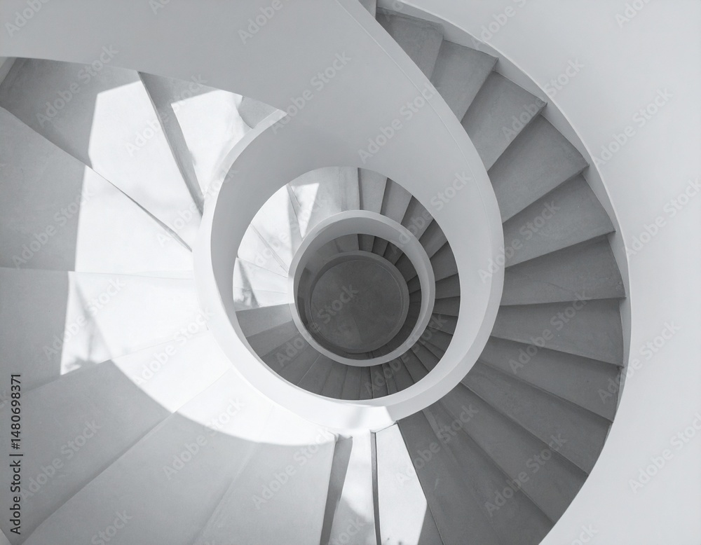 Fototapeta premium Spiral staircase with clean shadows, minimal palette, and smooth continuous curves 
