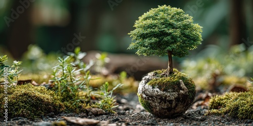Tiny Tree of Hope: A miniature tree thrives on a moss-covered globe, a symbol of growth and environmental care. The photo portrays nature's beauty and ecological balance.