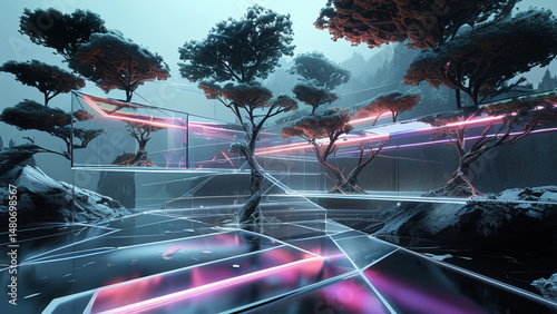 Fractal forest of geometric trees in impossible shapes wallpaper desktop background