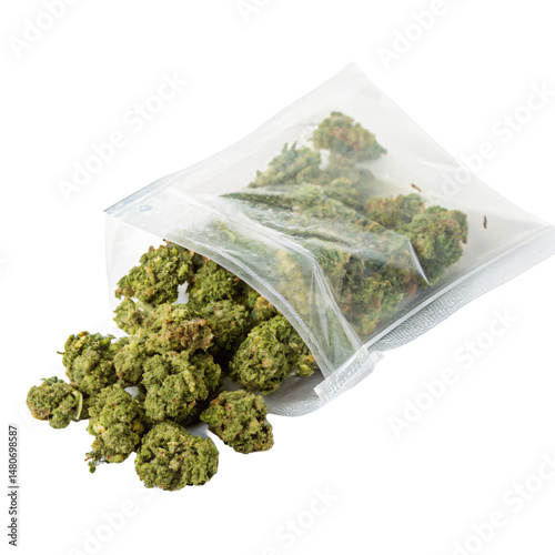 plastic bag with marijuana weed flowers, png transparent background