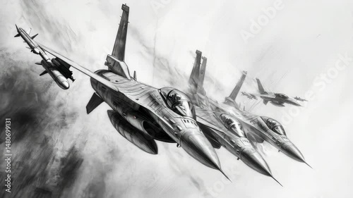 In black and white charcoal, a squadron of three or four fighter jets, designed as modern fighter jets of the future, in motion in the sky.