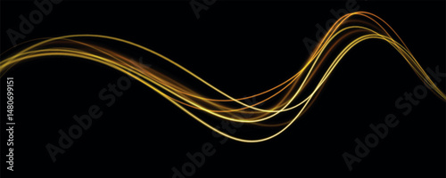Golden glowing shiny spiral speed lines yellow light effect. Curved bright line of light for holiday banners. Glittering wavy trail.