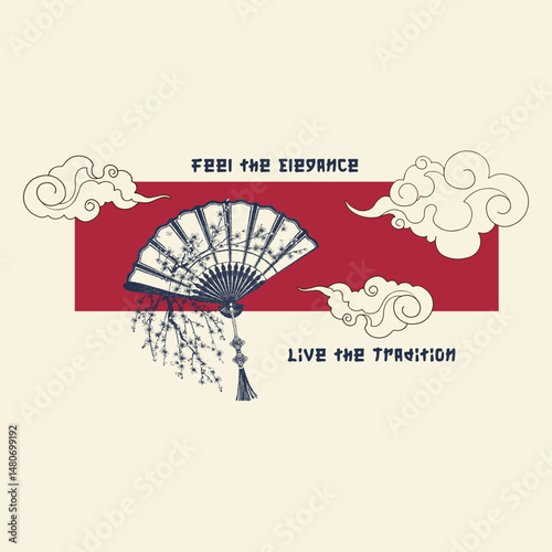 Japanese hand fan sketch engraving vector illustration T-shirt apparel print design, Abstract art. Fashion elements raster design for fashion, top, dress, graphics, slogan tee, posters, and others