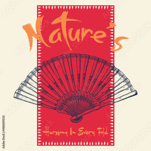 T-shirt apparel print design, Japanese hand fan sketch,engraving vector illustration.Scratch board imitation Hand-drawn image. artwork for fashion, top, dress, graphics, slogan tee, hand sketch design