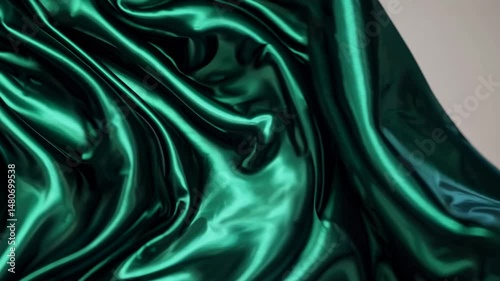 Emerald green silk cascading softly, revealing delicate, luminous waves with fluid, iridescent movement