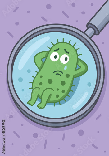  A sad bacterium under a microscope.
Cartoon illustration of a green bacterium under a magnified glass. antiseptics, diseases, microbial control, immunity, medical education. Fight against bacteria