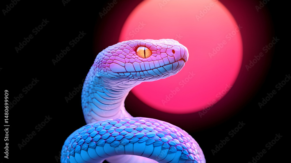 Fototapeta premium Closeup of a Pink and Blue Neon Snake Against a Dark Background