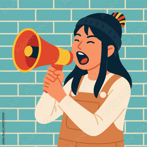  The girl with the megaphone.Illustration of a young girl shouting through a megaphone against a blue brick wall. Adaptations for activism, public speaking, protests, campaigns, and social activism.